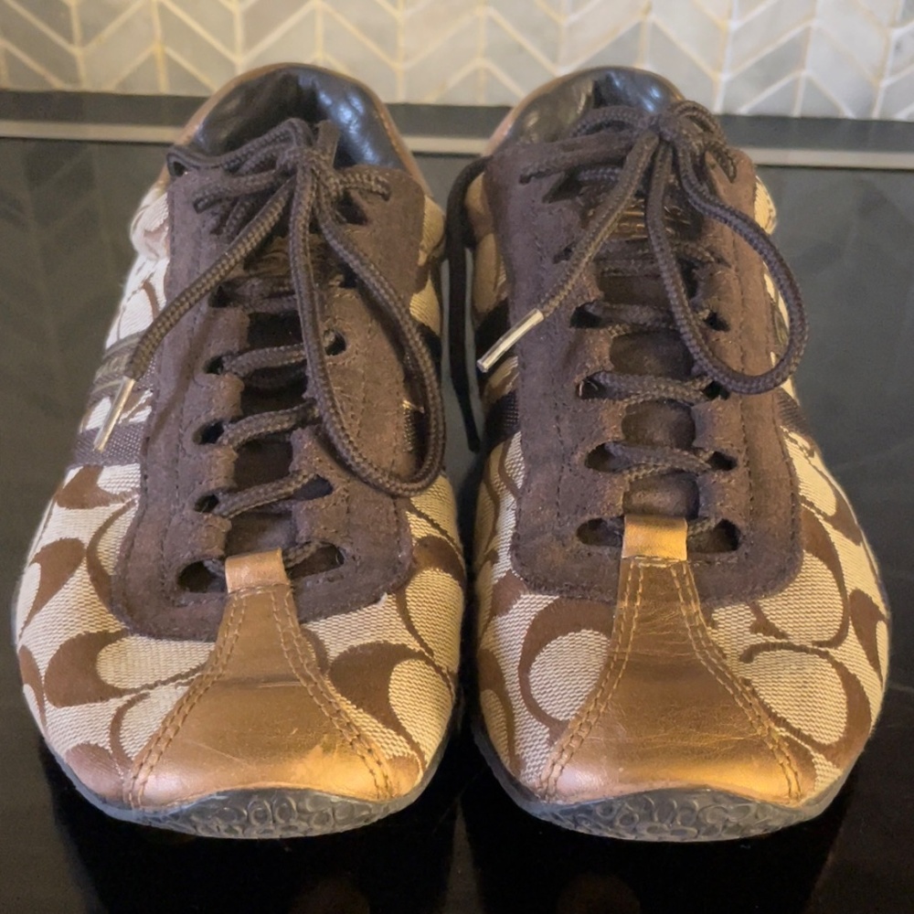 Coach leatherware sneakers leather suede brown tan gold logo - Picture 7 of 16